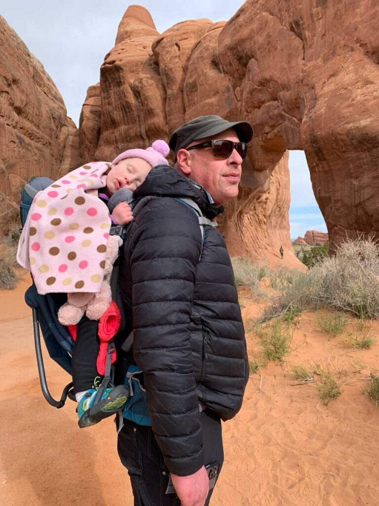 Toddler in Backpack carrier - Pine Tree Arch and Tunnel Arch Trail Arches NP