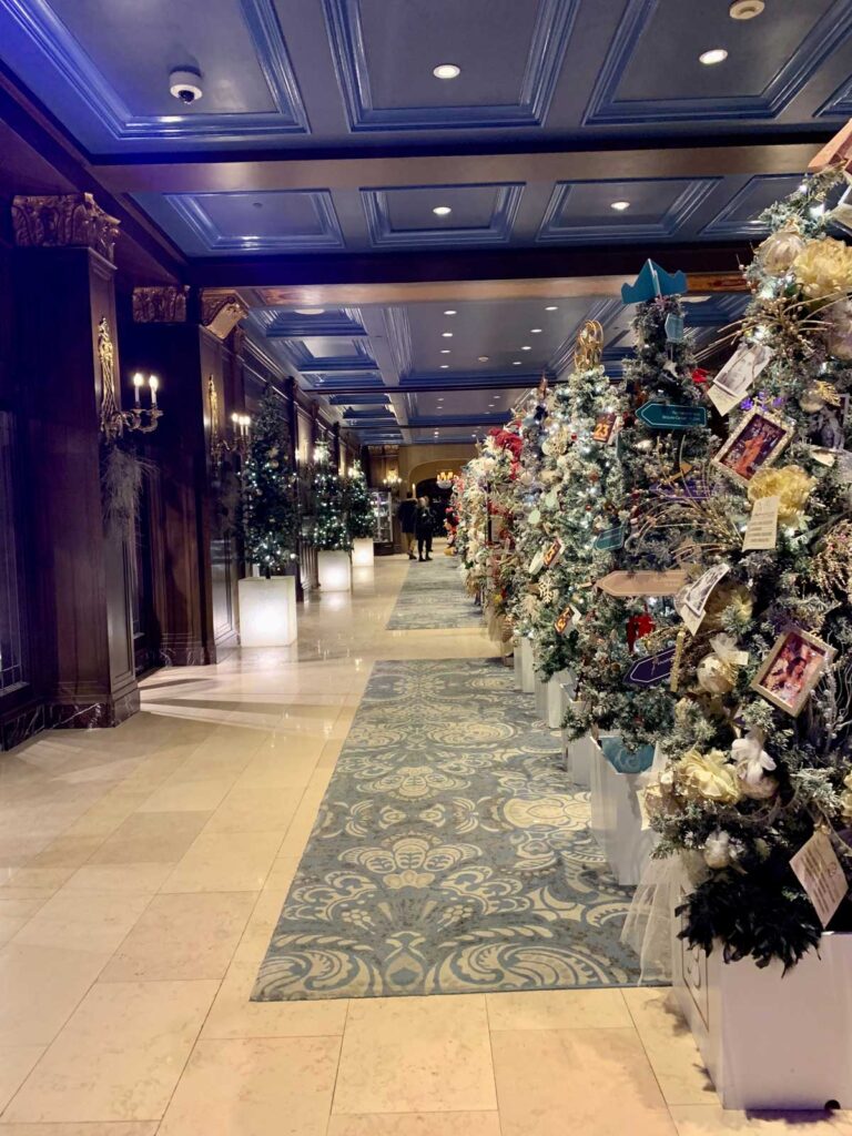 Lobby decorated for Christmas at Chateau Frontenac