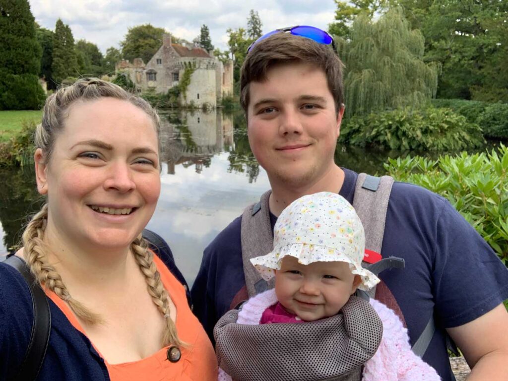 Visiting Scotney Castle with baby in carrier