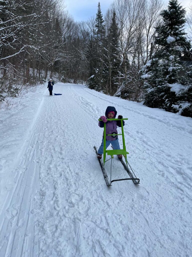 toddler kicksledding at Jacques Cartier National Park