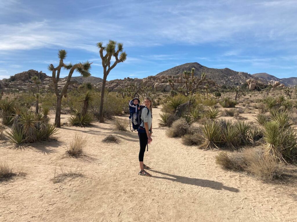 father carrying baby in backpack carrier hiking at Barker Dam - Joshua Tree National Park with a Baby