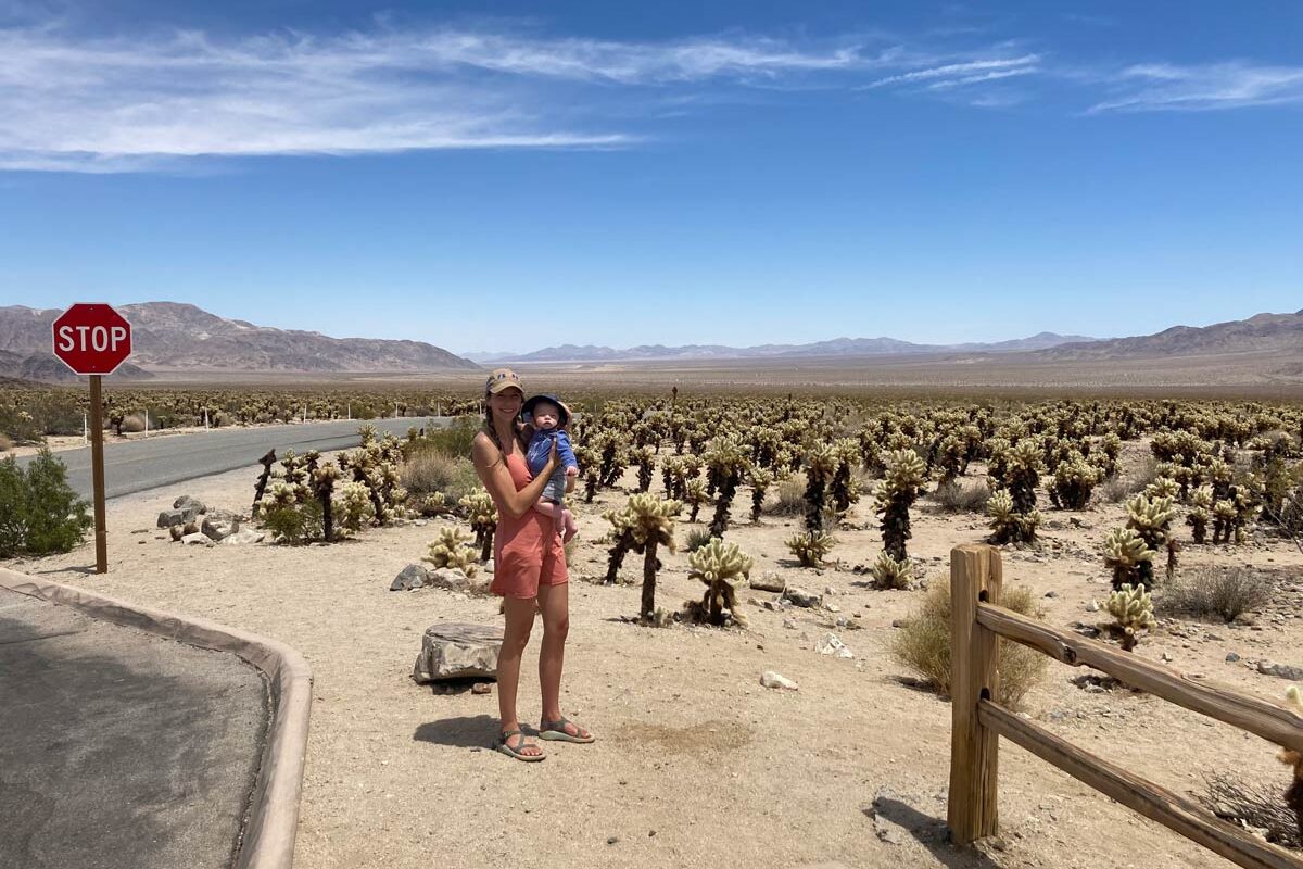 mother holding baby at Cholla Garden - Joshua Tree NP with a Baby