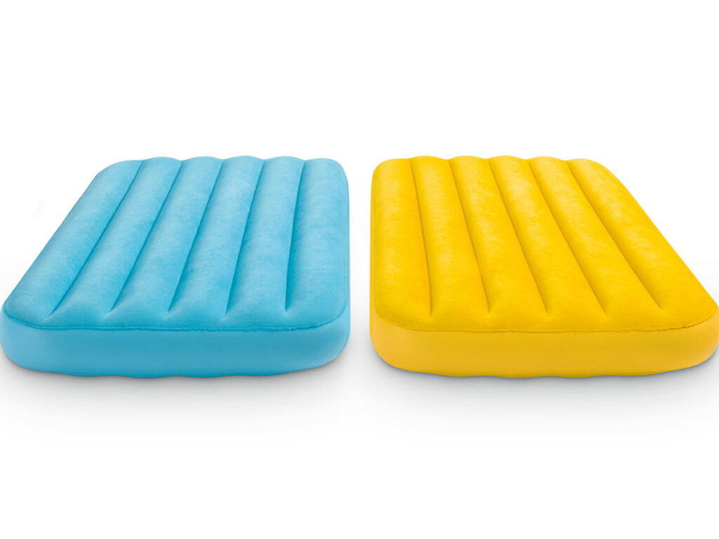 two Intex inflatable toddler travel beds side-by-side