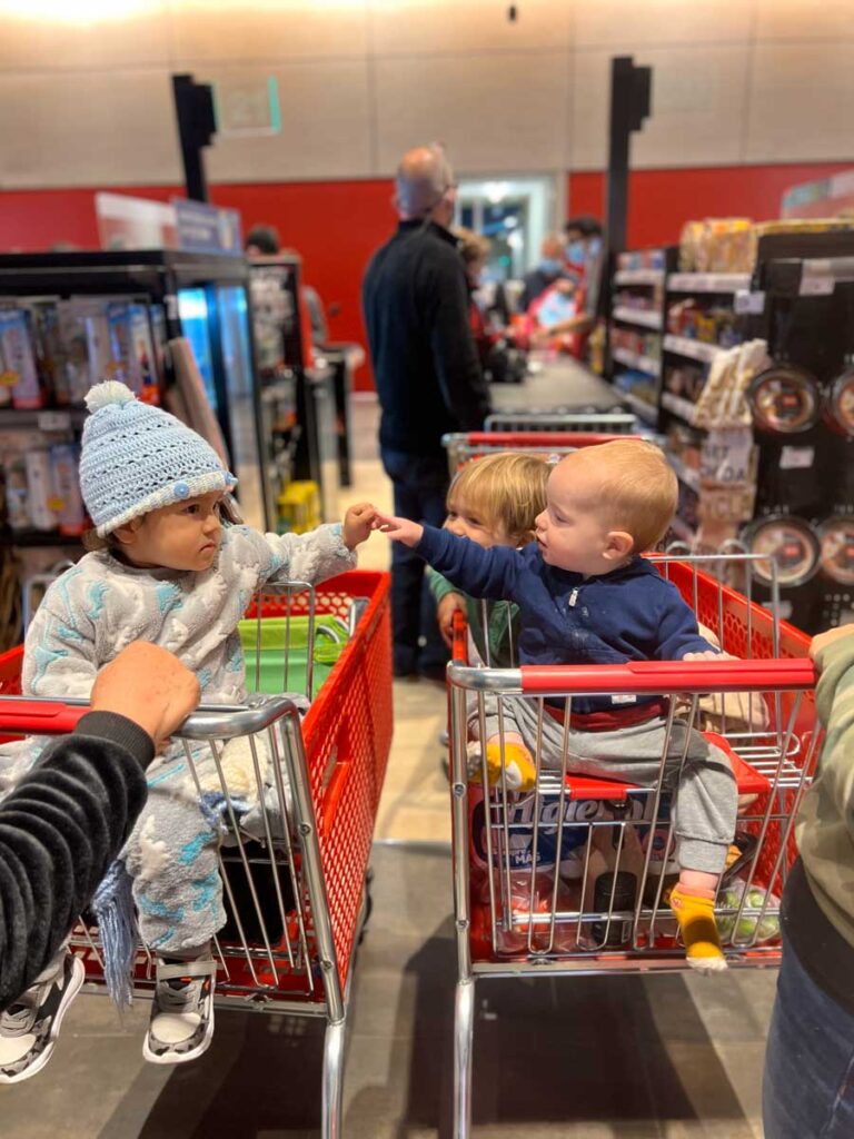 toddlers in shopping cart at Plaza Vea