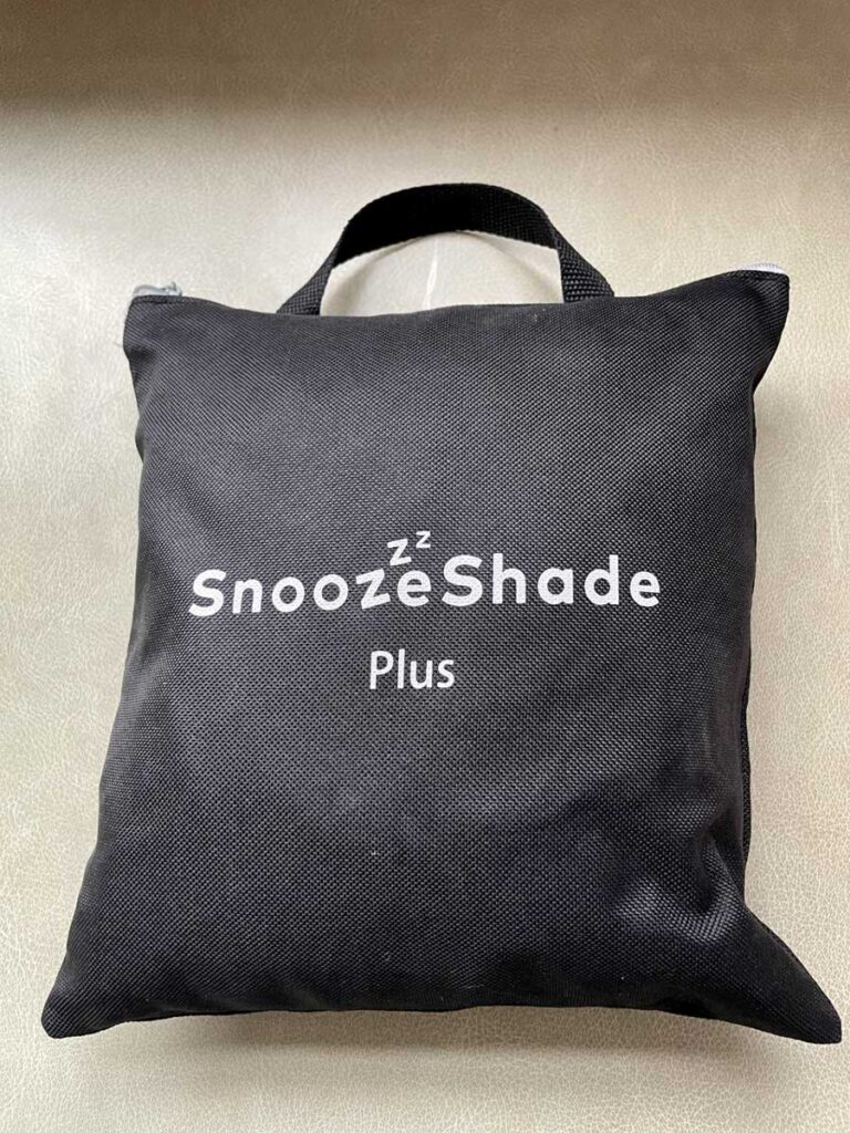 SnoozeShade Plus packed in travel bag.