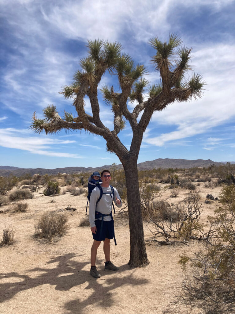 father with baby in hiking backpack carrier near Joshua Tree - Visiting Joshua Tree NP with a Baby