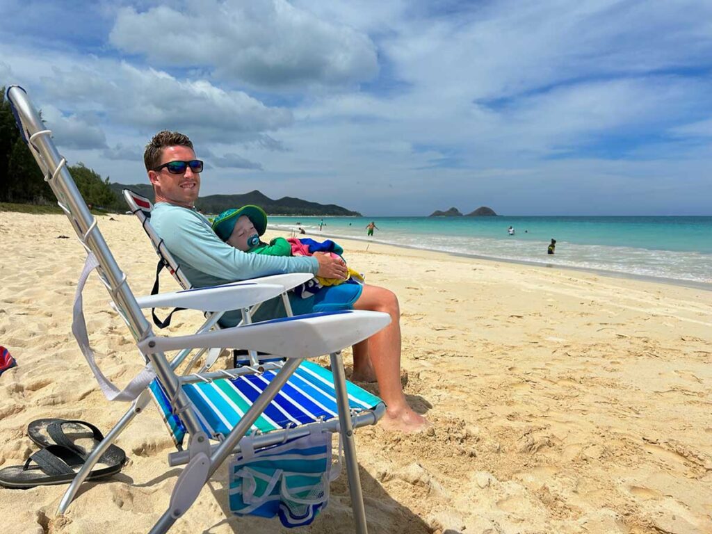 Father & toddler in Hawaii on beach