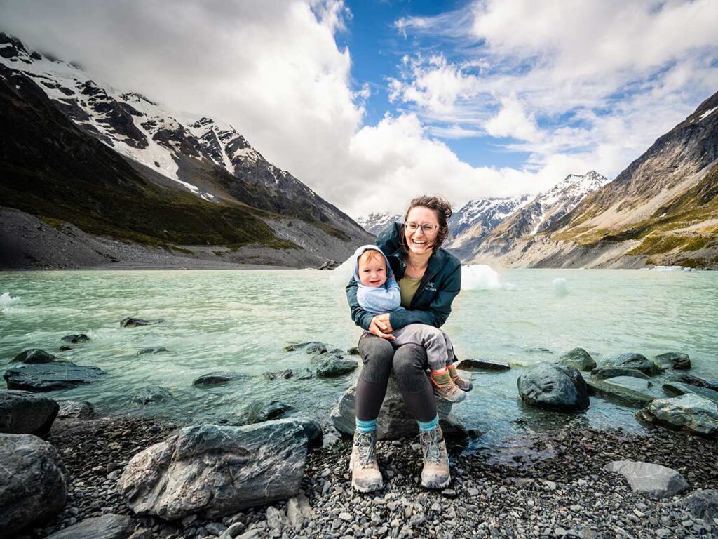 Hiking Hooker Valley Track with toddler