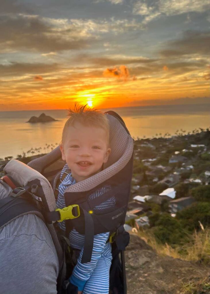 Hiking Lanikai with toddler in hiking carrier