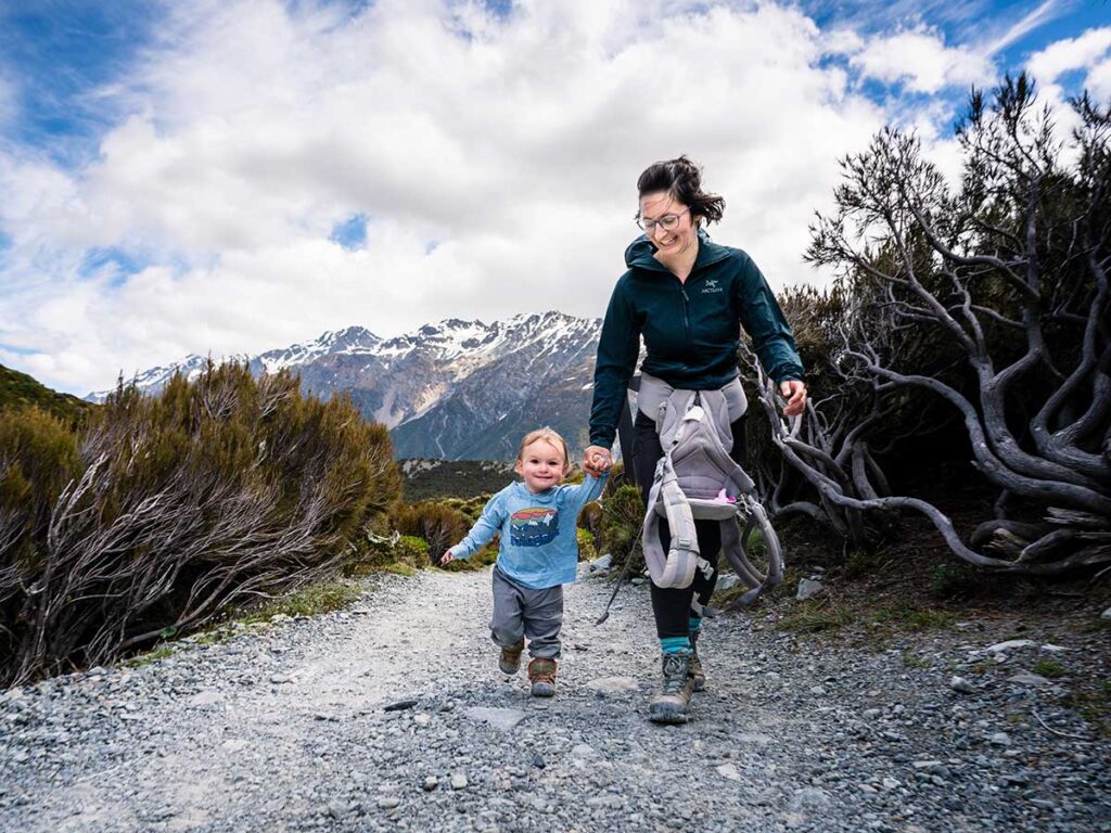 Mother & toddler on Hooker Valley Track - South Island with toddler