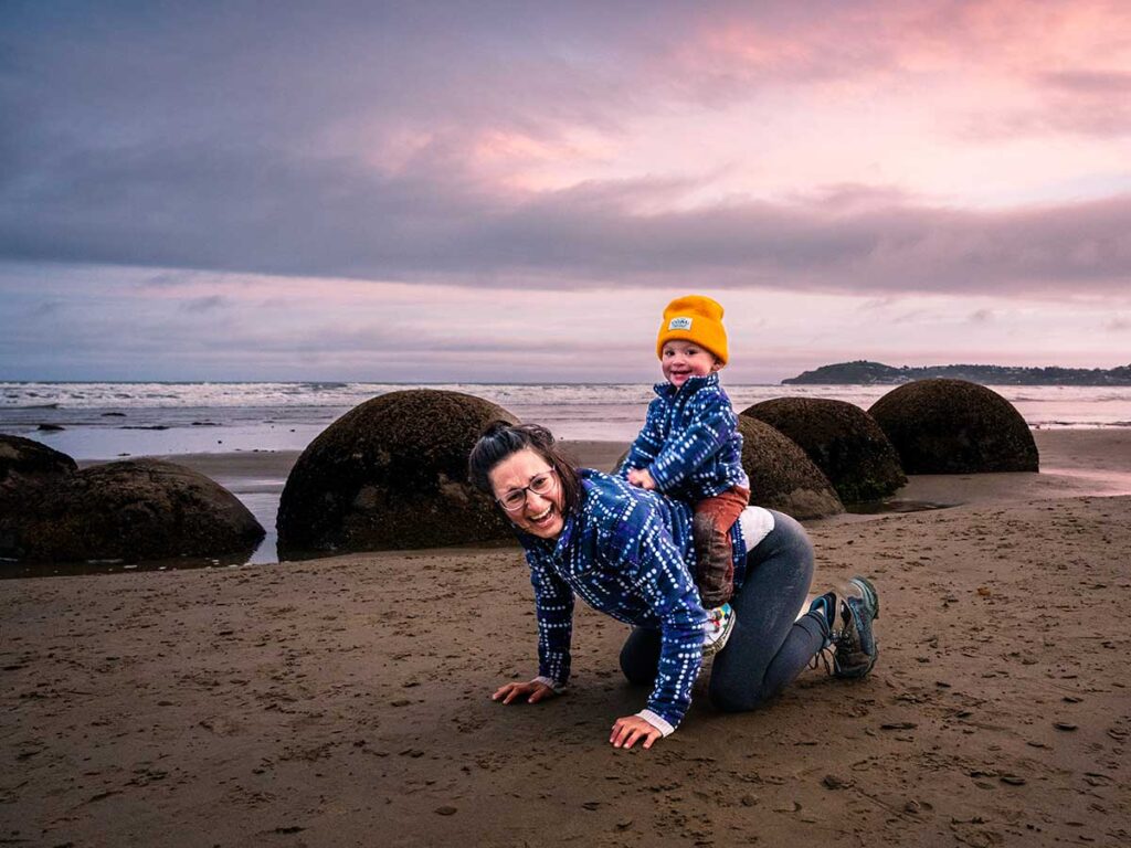 Mother & toddler on Moeraki Boulders Beach