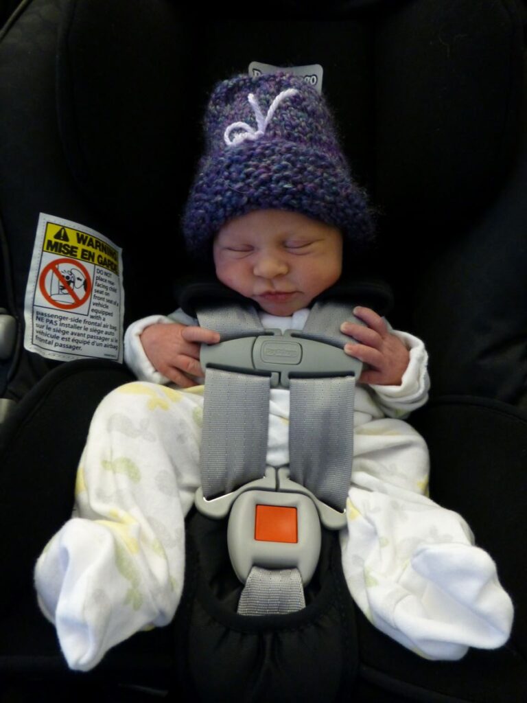 a newborn baby sleeps in their car seat.