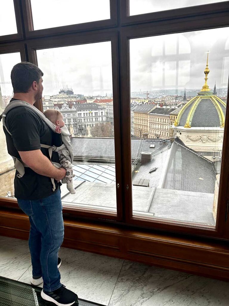 father with baby in baby carrier - Prague with baby