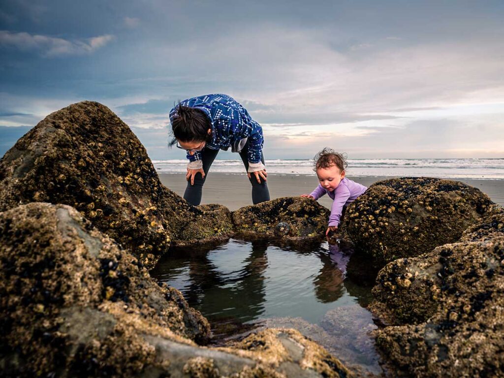 mother and toddler at Moeraki Boulders Beach