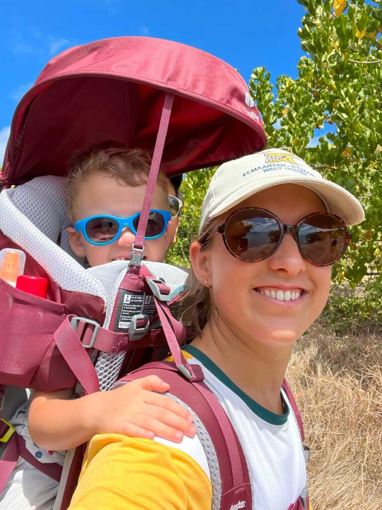 mother with toddler in hiking carrier