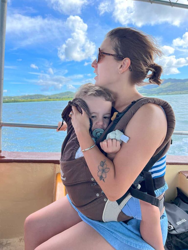 using toddler carrier on boat in Martinique