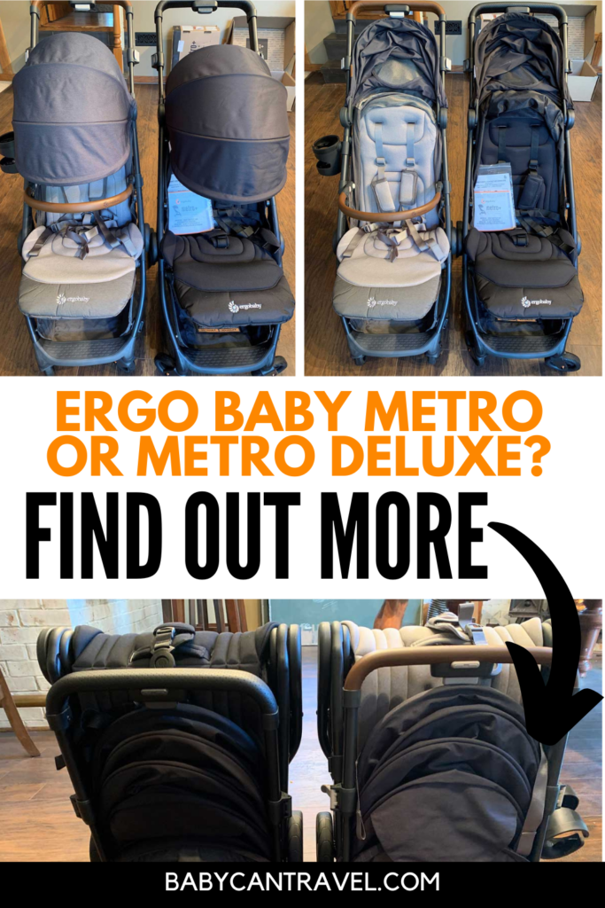 Collage showing different features of two side by side strollers. 