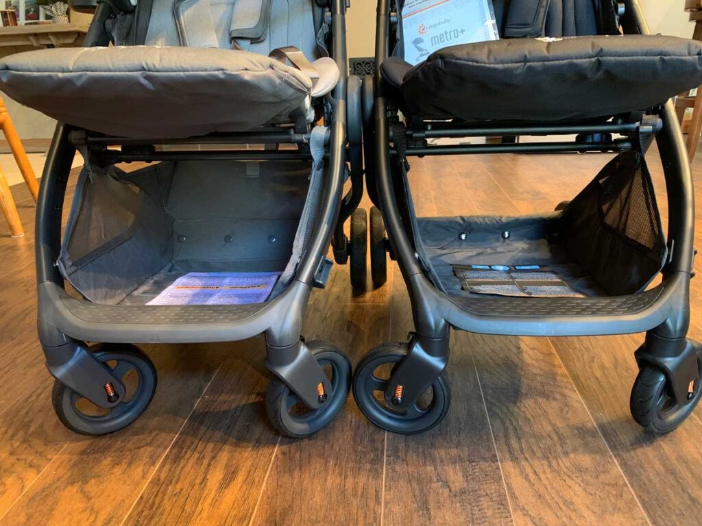 side by side view of stroller storage area.