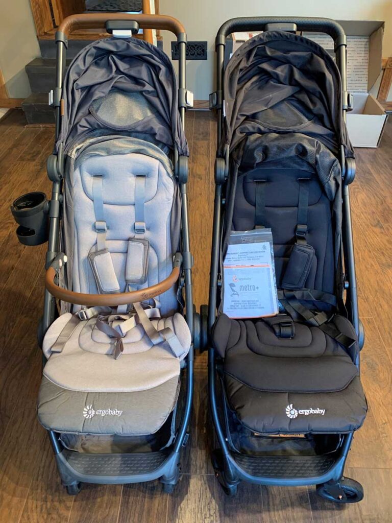 The two models of the ErgoBaby Metro+ stroller compared side by side.