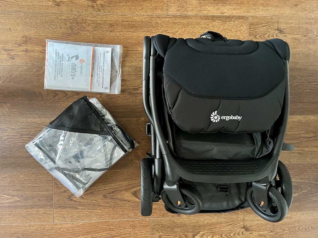 ErgoBaby Metro+ Stroller for airplane travel folded.