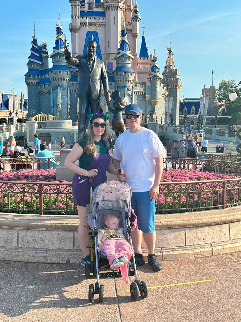 Family standing in front of Cinderella's Castle at Disney World.