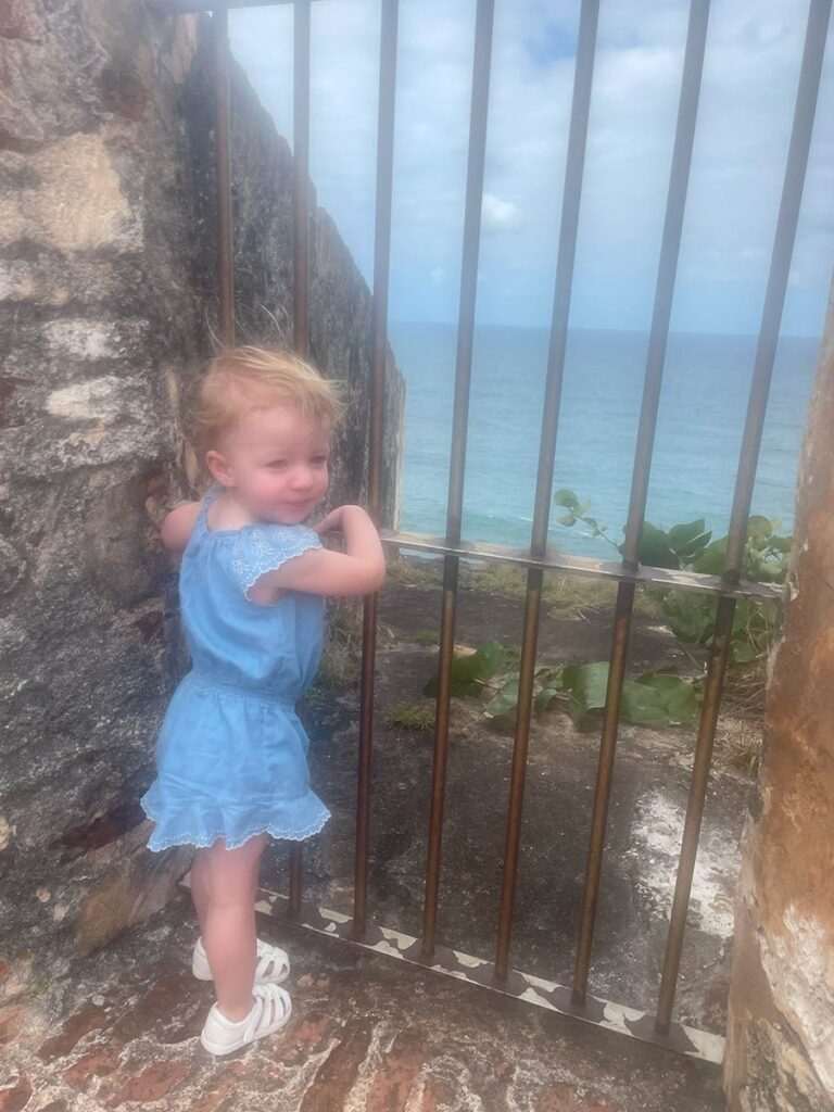 Baby in front of gate looking at the ocean.