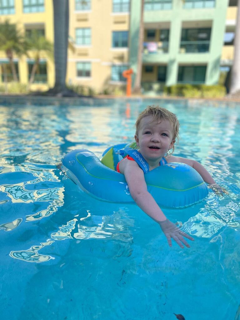 Toddler in a swimming pool in Puerto Rico.